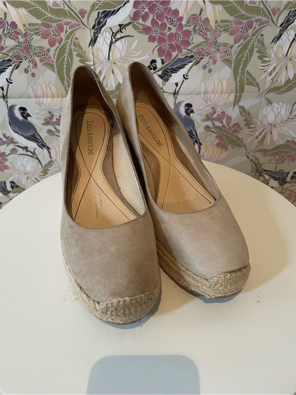 Enzo Angiolini Taupe Suede Espadrille Wedge Pumps